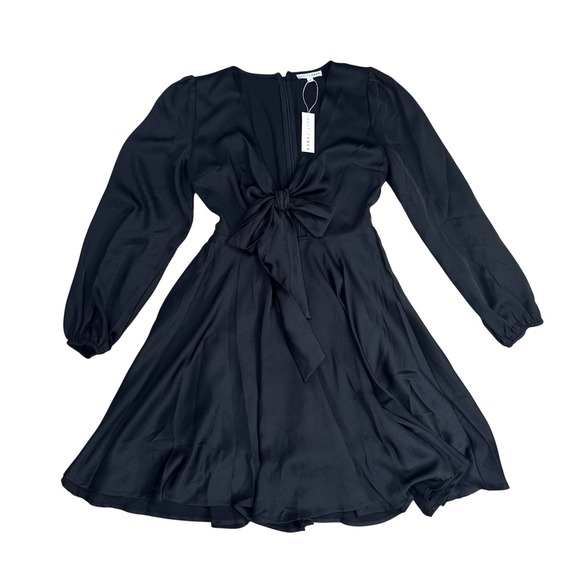 Baltic Born Dresses & Skirts - Baltic Born Woodbury Satin Mini Dress Black V-Neck Tie Front Long‎ Sleeve Small